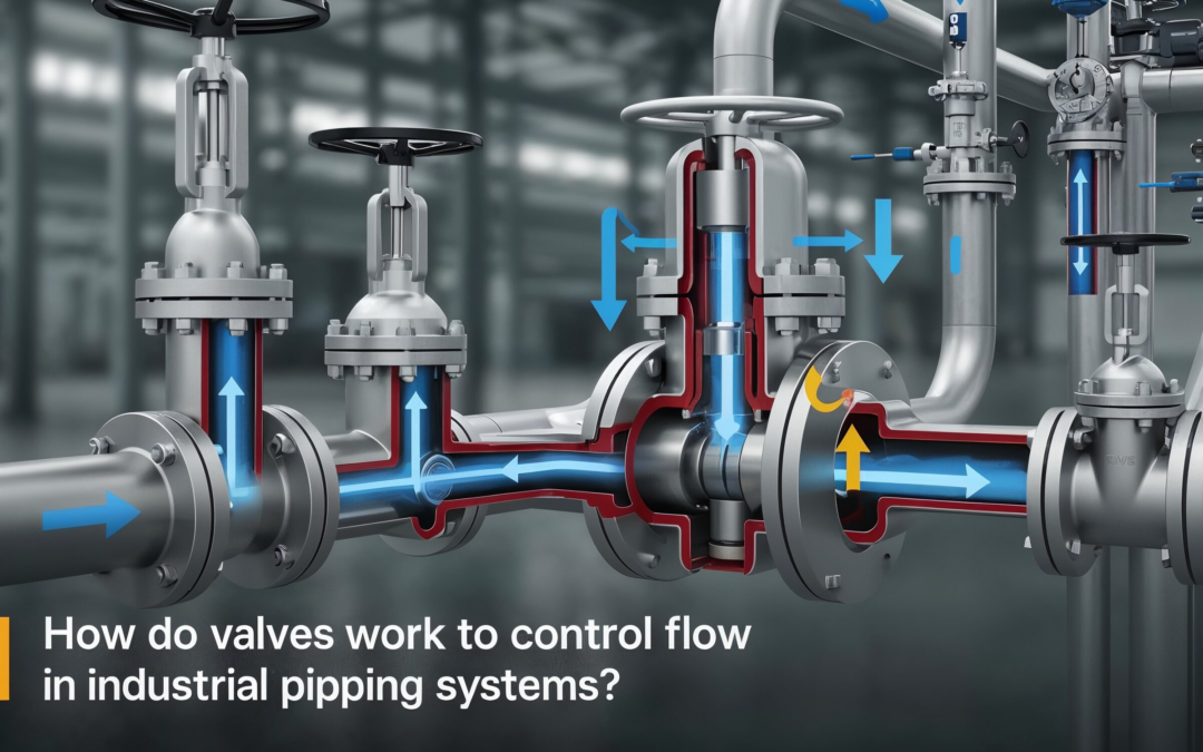 How do valves work to control flow in industrial piping systems?