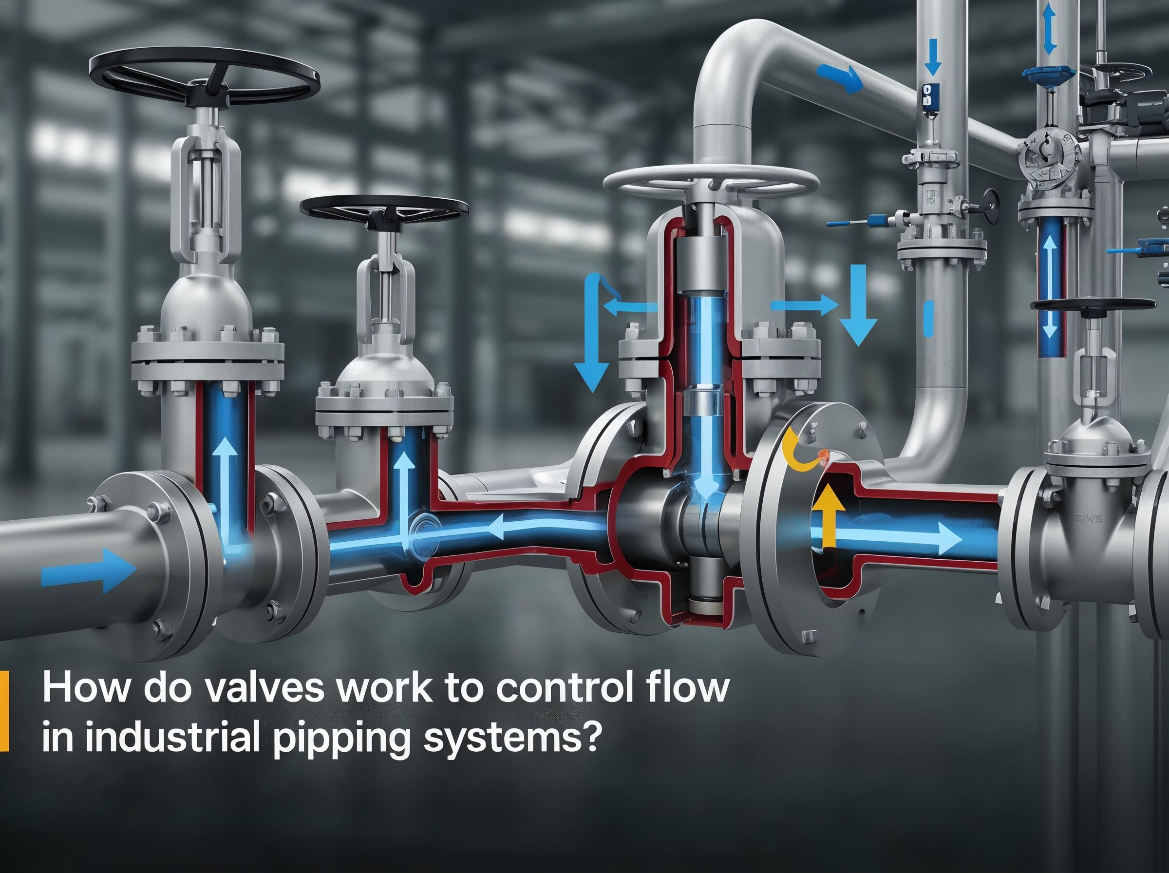 How do valves work to control flow in industrial piping systems?
